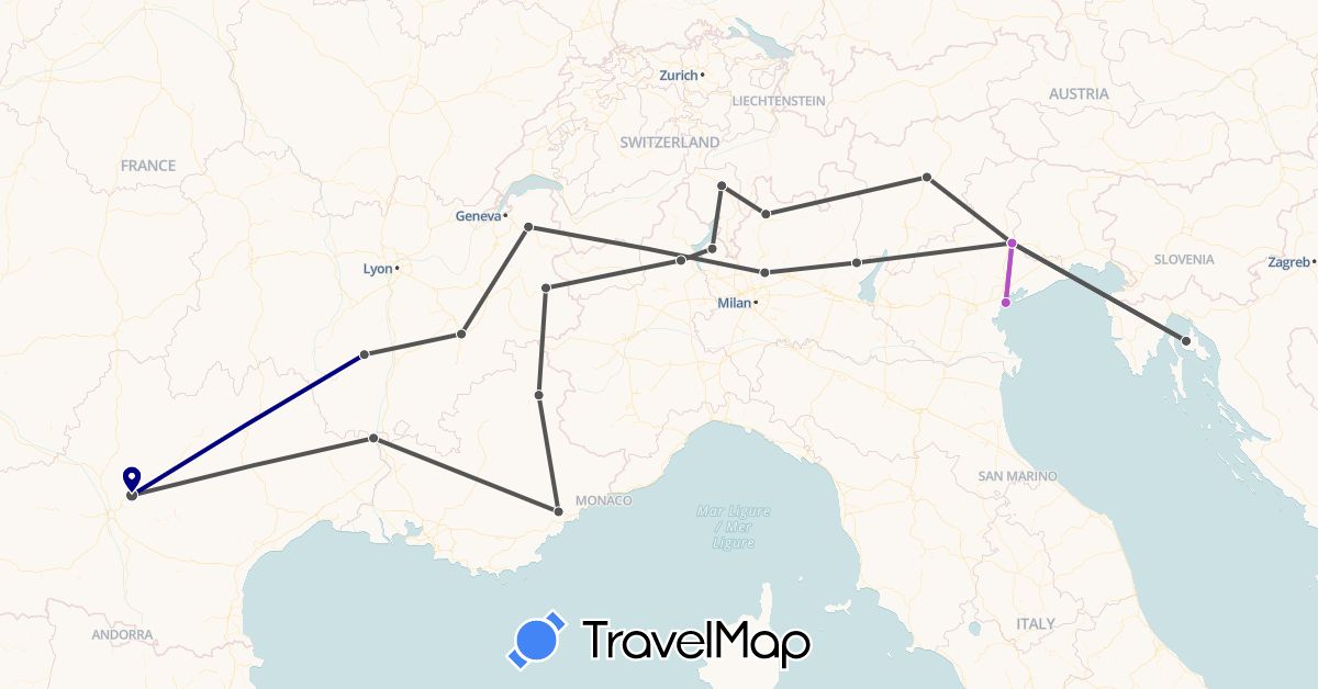 TravelMap itinerary: driving, train, motorbike in Switzerland, France, Croatia, Italy (Europe)